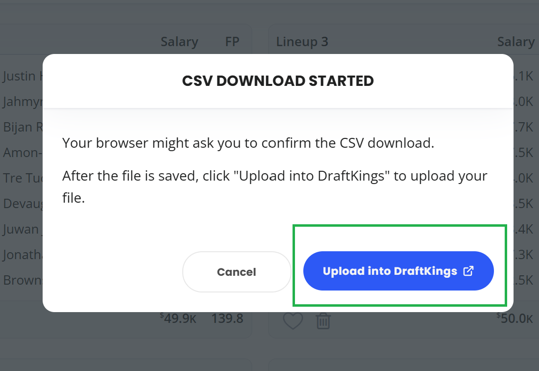 Click the 'Upload into DraftKings button'