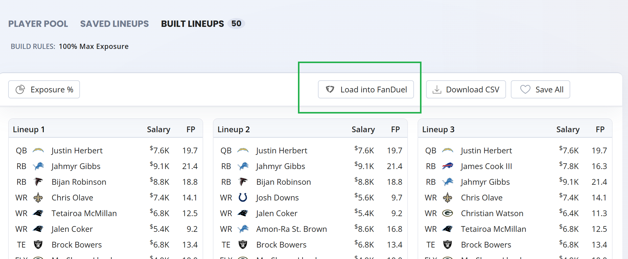 Click the Load into FanDuel button