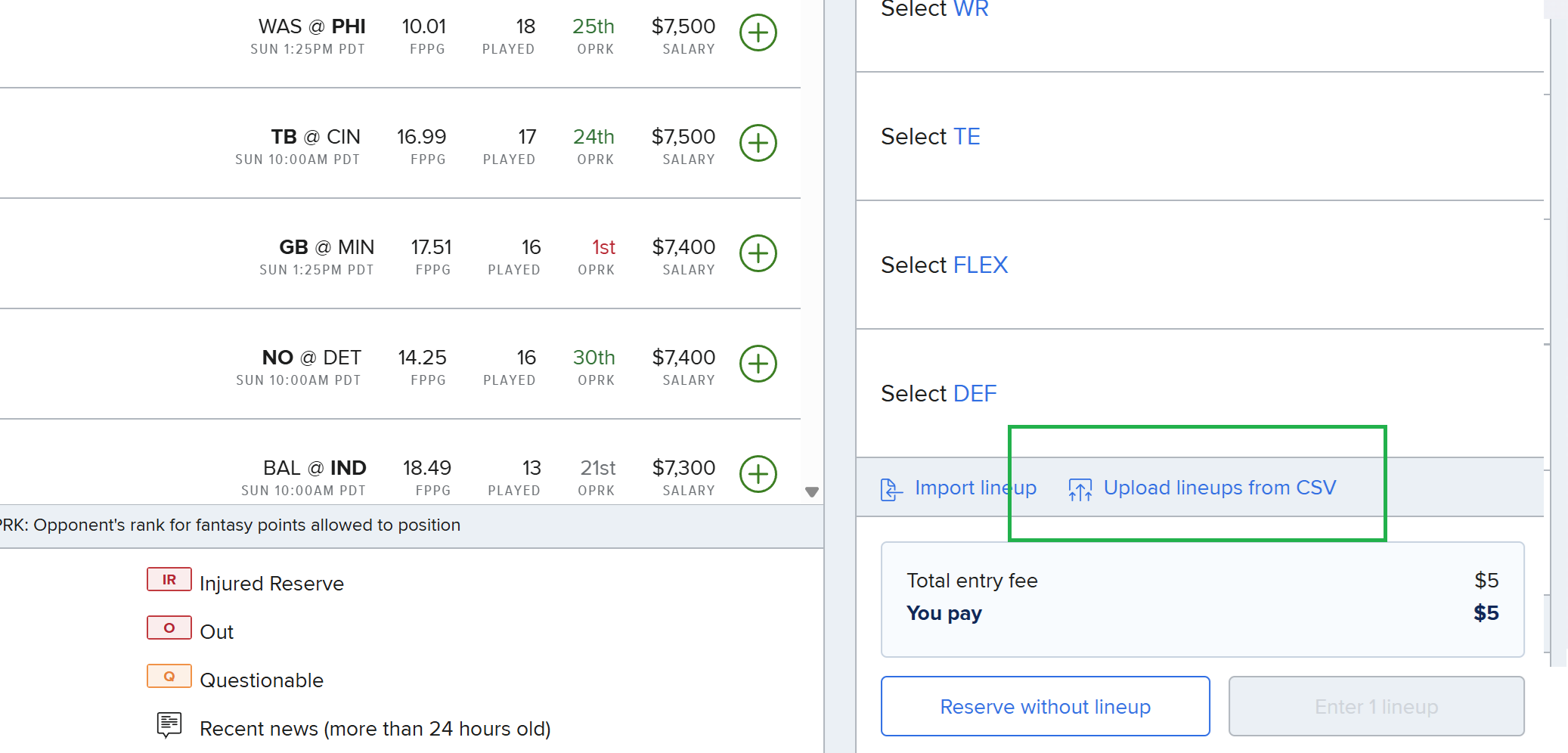 Click the Upload Lineups from CSV button